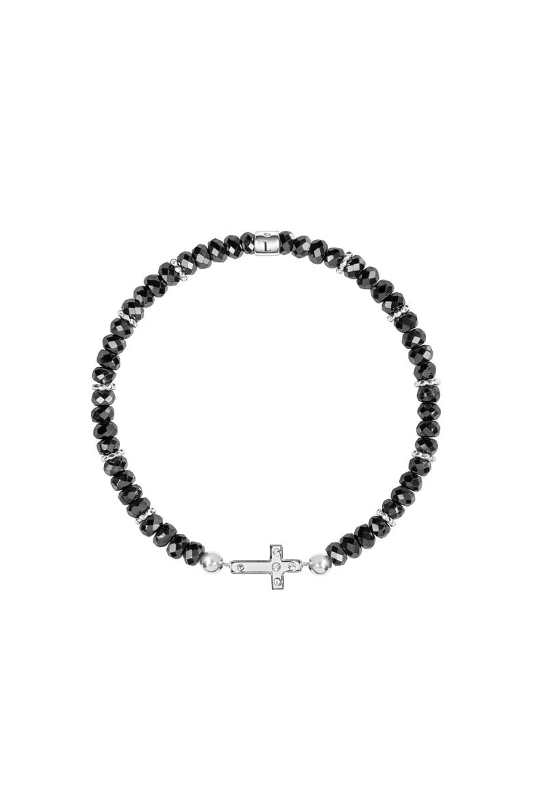 Hematite Sterling Silver Cross Charm Women's Beaded Bracelet - Grounded in Faith, Main, color, Black/silver
