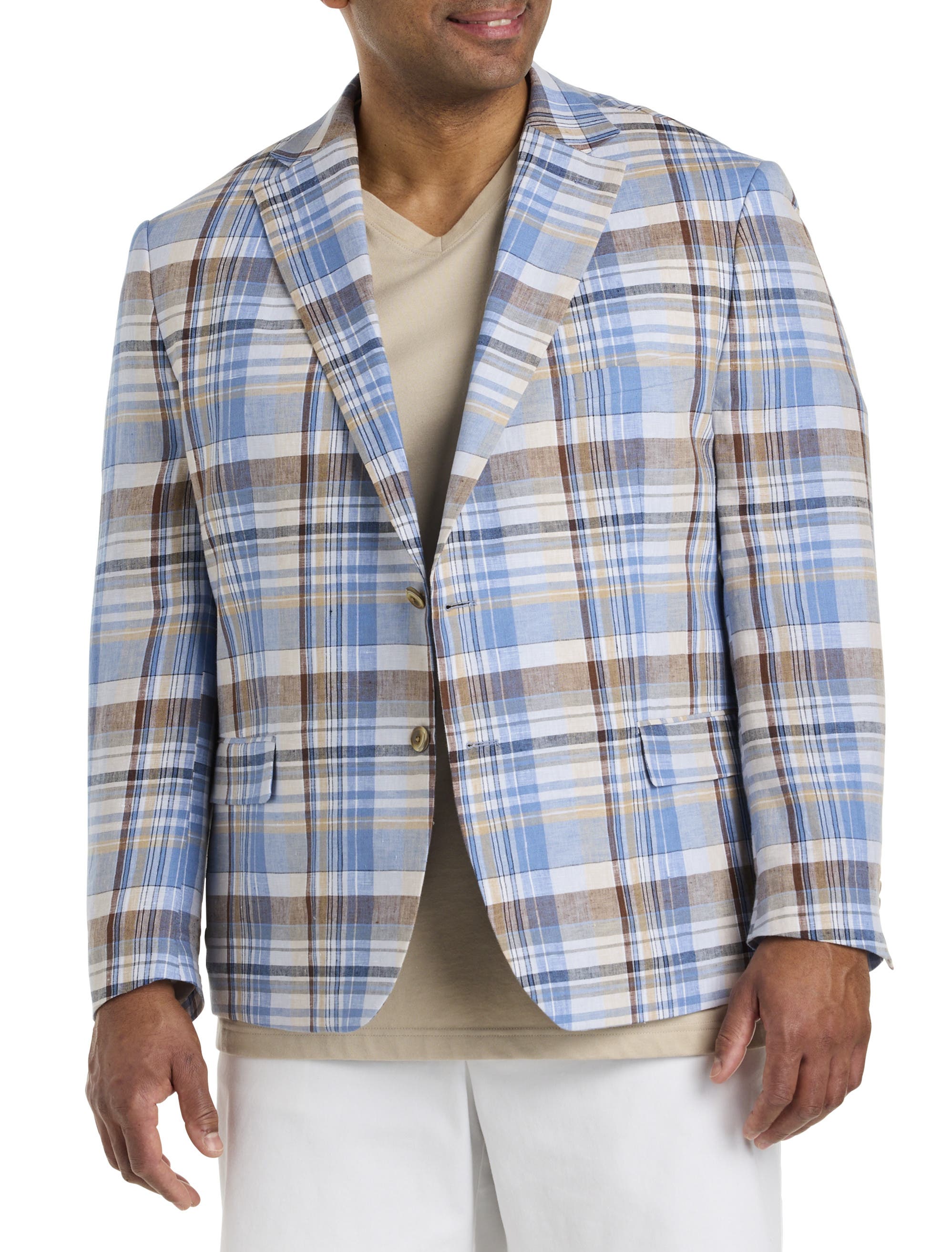 Tallia Madras Plaid Linen Sport Coat in Blue Multi 