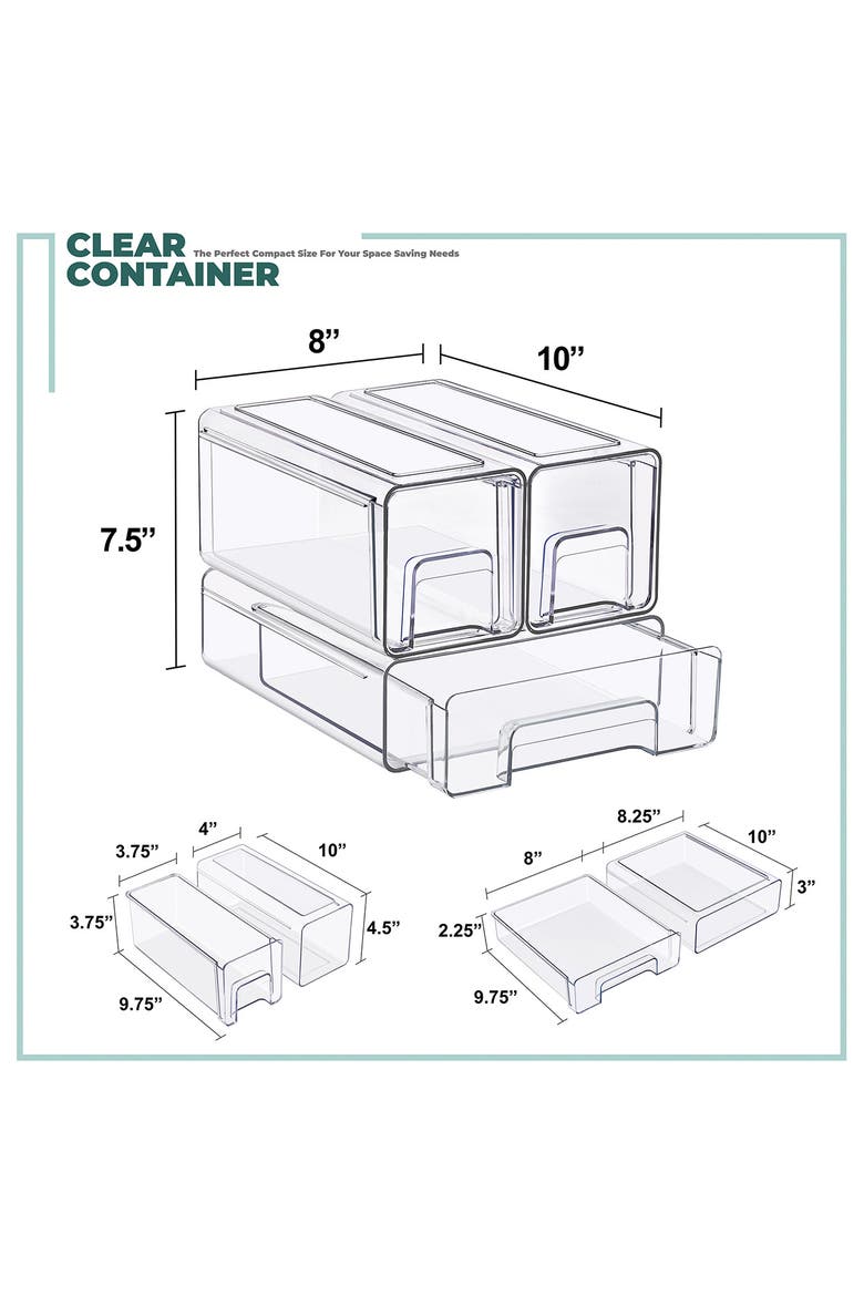 Set of 3 Stackable Storage Drawers, Alternate, color, CLEAR