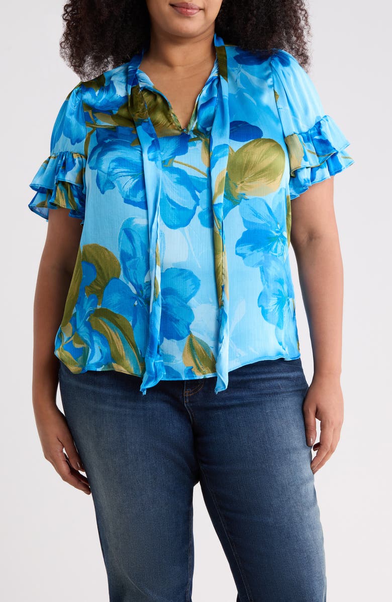 SUGARLIPS Neiva Floral Tie Neck Top, Main, color, Blue-Green