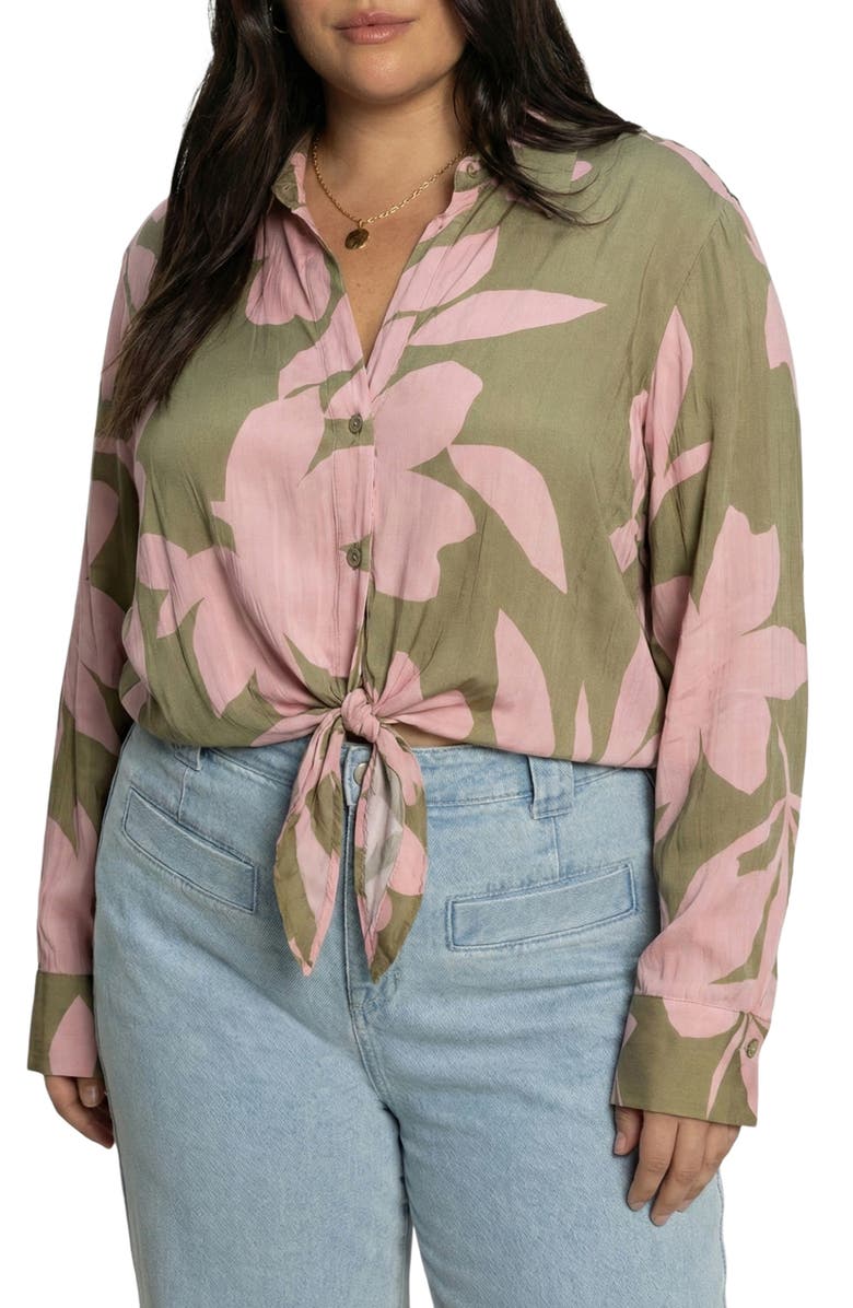 Sanctuary Lover Print Tie Hem Crop Sateen Shirt, Main, color, Green/ Pink Silhouette