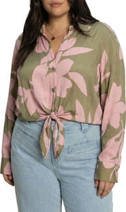 Sanctuary Lover Print Tie Hem Crop Sateen Shirt