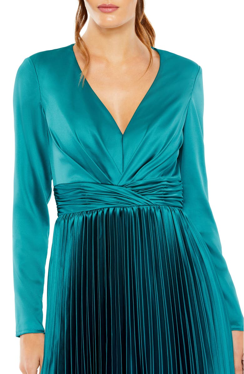 Mac Duggal Pleated Satin Charmeuse Dress with Long Sleeves, Alternate, color, Teal