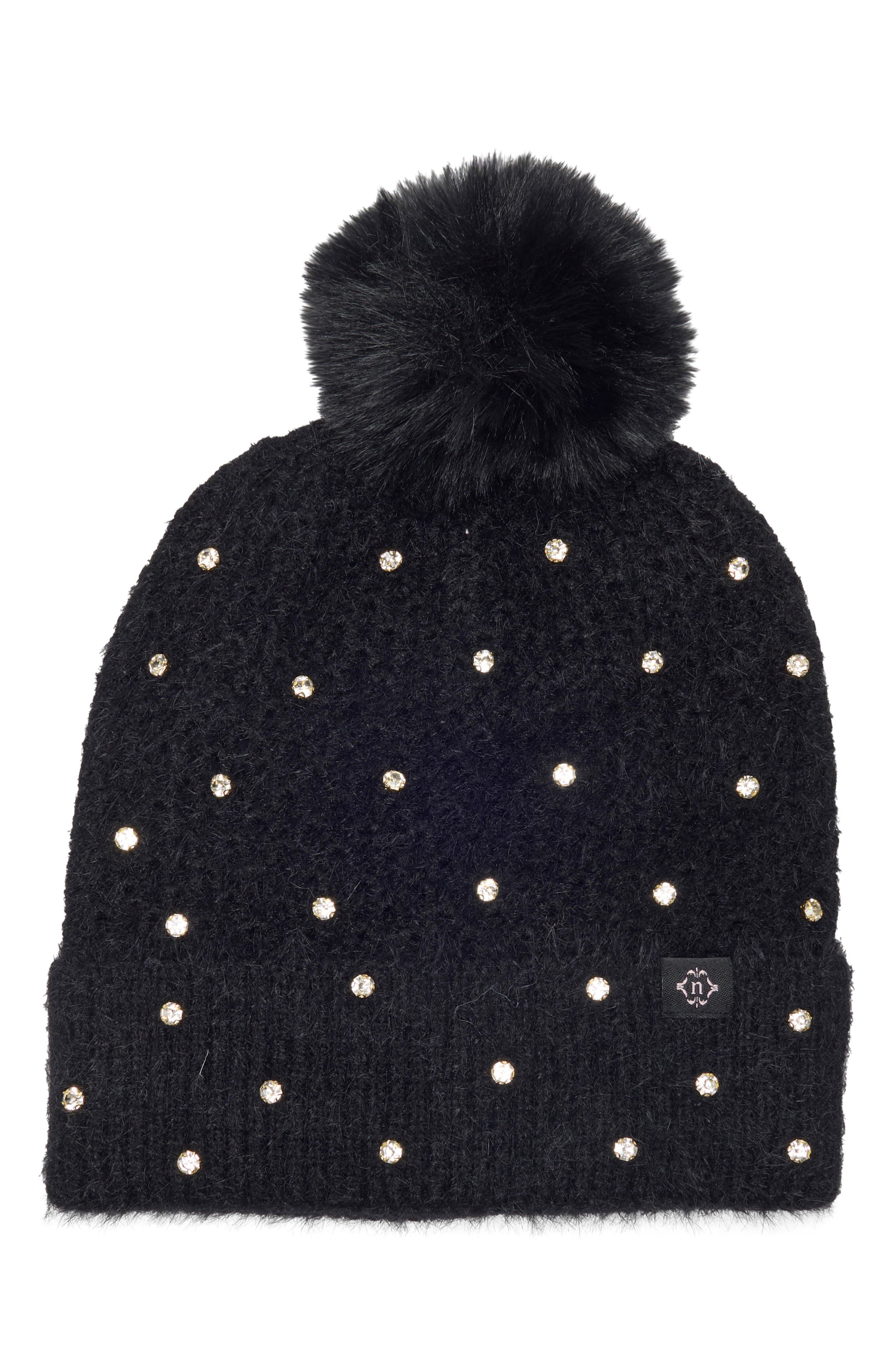 Star Embellished Faux Fur Pom Beanie
