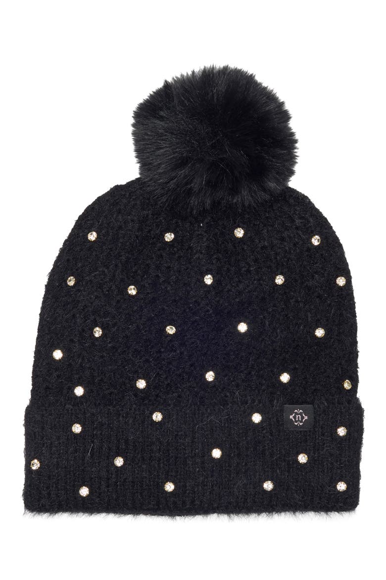 Star Embellished Faux Fur Pom Beanie, Main, color, BLACK