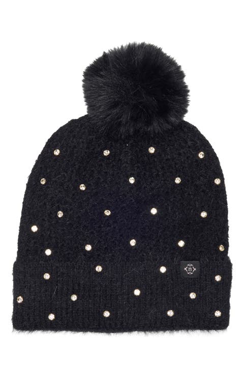 Star Embellished Faux Fur Pom Beanie