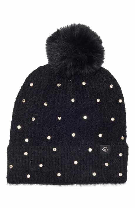 Star Embellished Faux Fur Pom Beanie