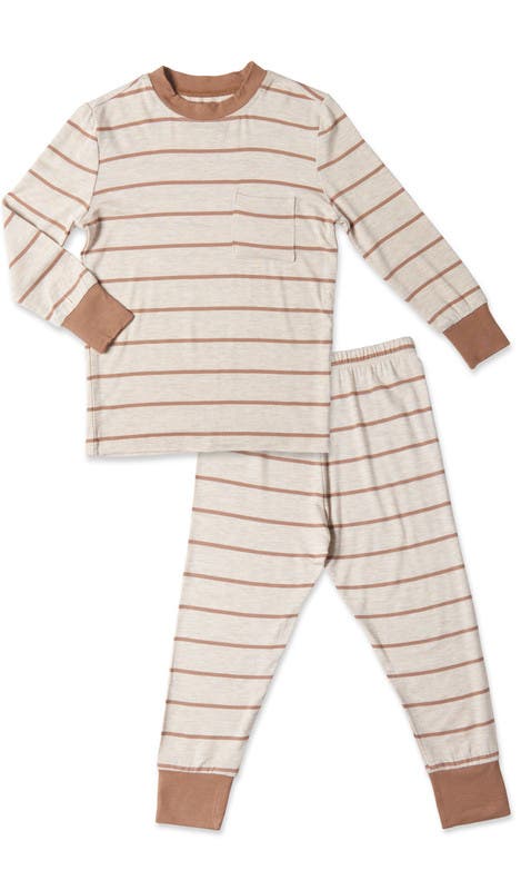 Everly Grey Emerson Fitted Long Sleeve 2-Piece Pajamas in Mocha Stripe 