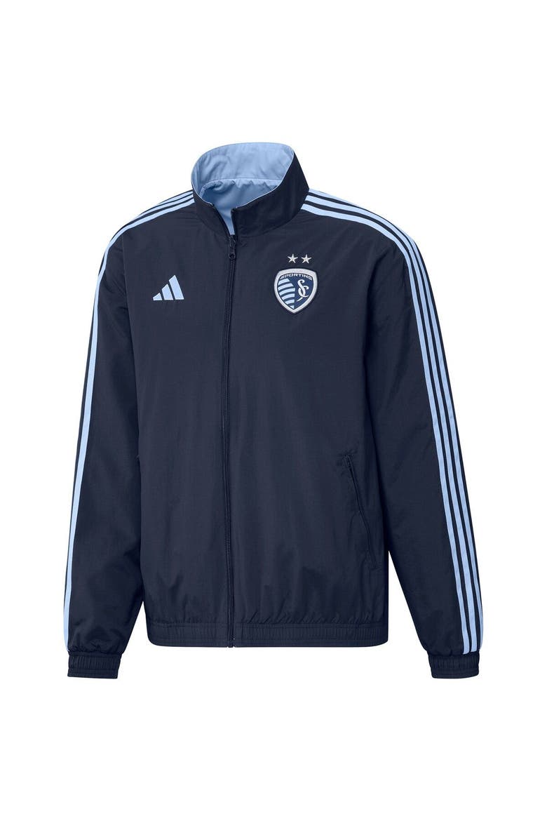 Men's adidas Navy/Light Blue Sporting Kansas City 2023 On-Field Anthem Full-Zip Reversible Team Jacket, Alternate, color, Navy