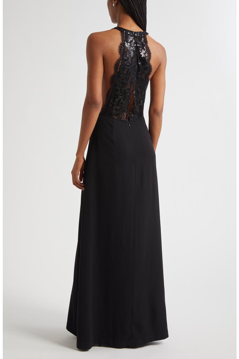Chantal Plunge Neck Mixed Media Gown, Alternate, color, BLACK COMBO