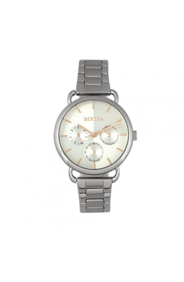 BERTHA Gwen Leather-Band Watch w/Day/Date, Main, color, Silver