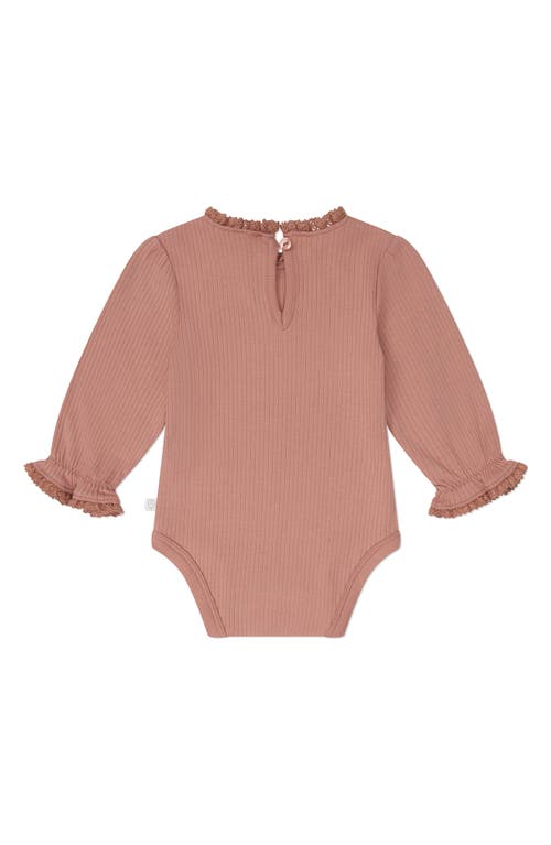Mori Ruffle Trim Long Sleeve Rib Bodysuit In Rose Frill