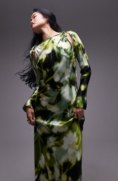 Topshop Abstract Print Cutout Detail Long Sleeve Satin Midi Dress In Mid Green
