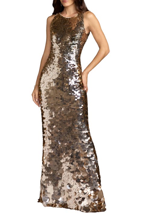 Sleeveless High Neck Disc Sequin A Line Gown