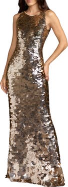 Mac Duggal Sleeveless High Neck Disc Sequin A Line Gown