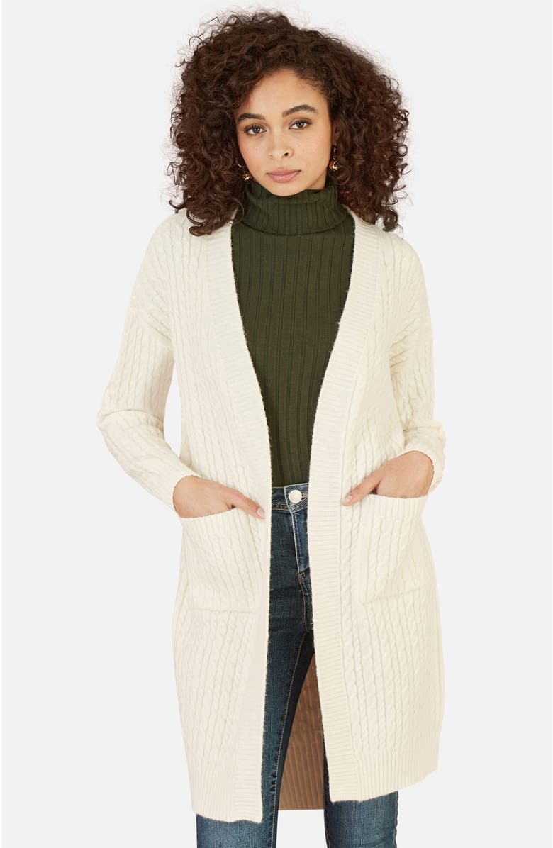 Yumi Cable Knit Long Sleeve Long Cardigan, Main, color, Ivory