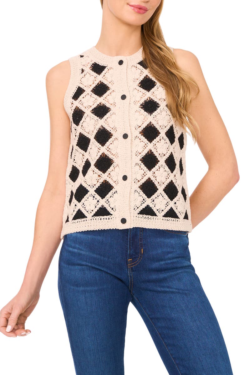CeCe Cotton Crochet Sleeveless Sweater, Main, color, Soft Cream