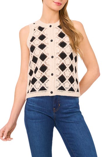Cece Cotton Crochet Sleeveless Sweater In Neutral