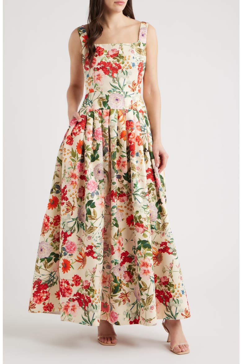 Floral A-Line Gown, Main, color, IVORY MULTI