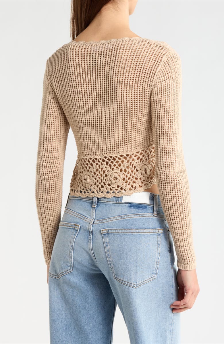 All in Favor Crochet Detail Tie Front Sweater, Alternate, color, Tan