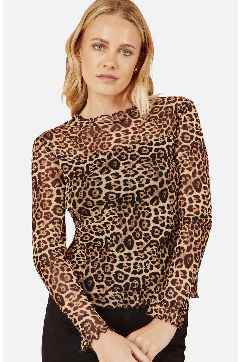 Leopard Print Mesh Stretch Fitted Top, Alternate, color, Brown
