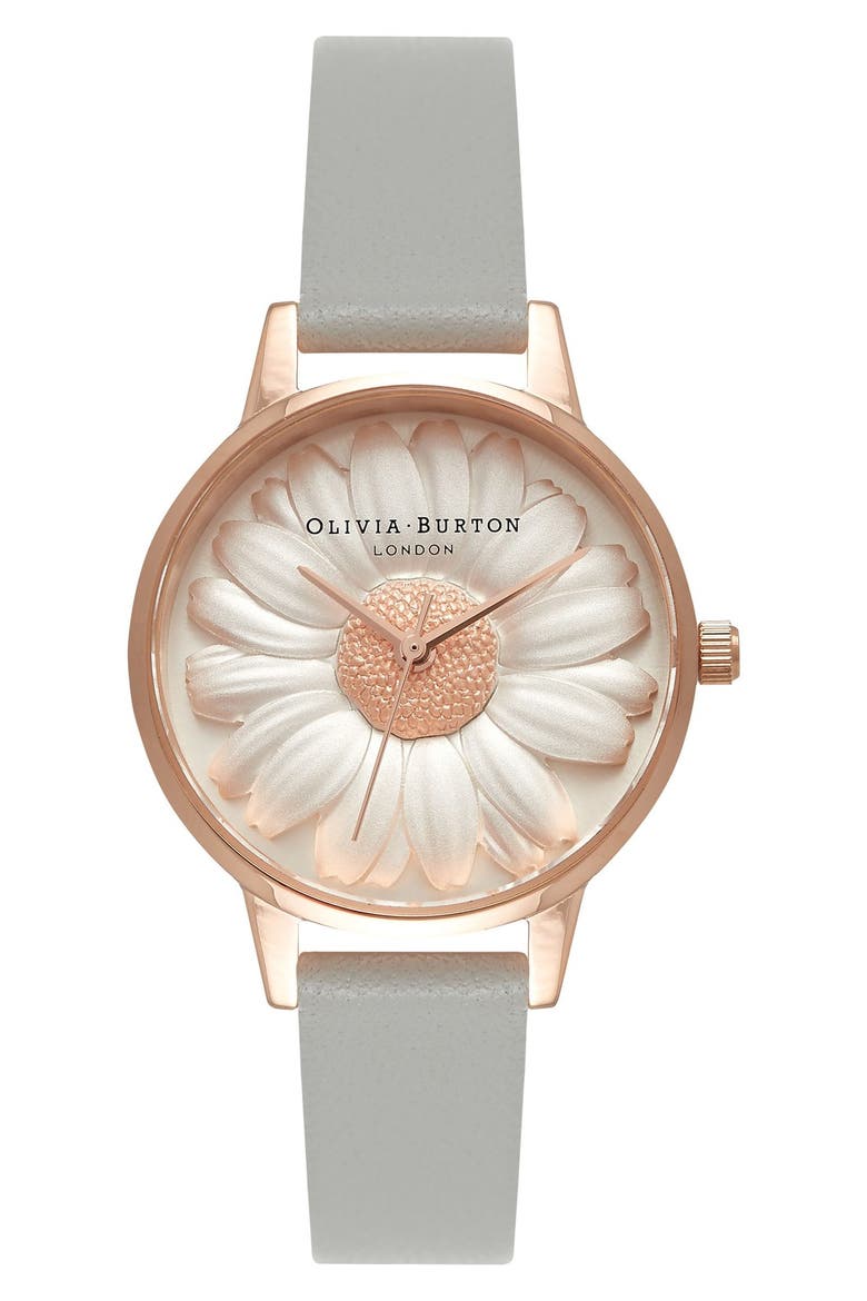 3D Daisy Leather Strap Watch, 30mm, Main, color, GREY/ WHITE/ PINK