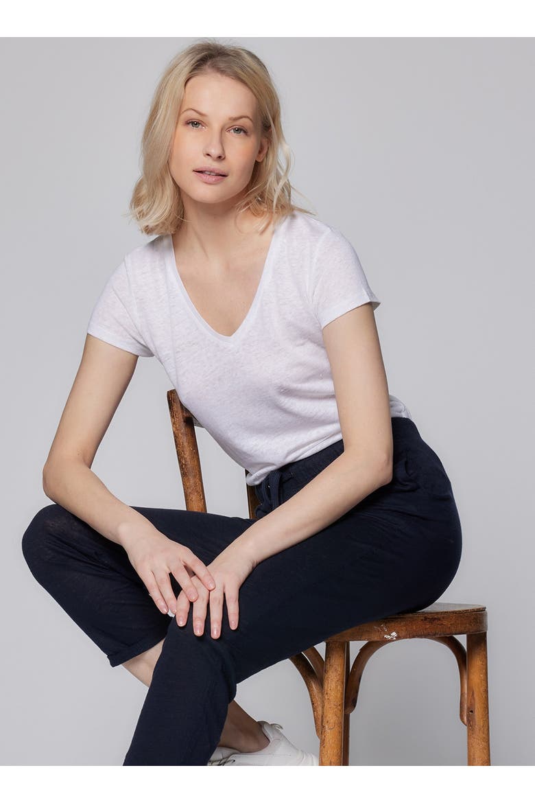 Stretch Linen Short Sleeve V-Neck T-Shirt, Alternate, color, BLANC