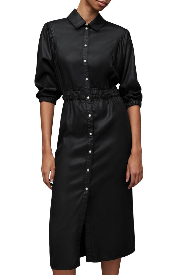 Osa Coated Denim Midi Shirtdress, Alternate, color, BLACK