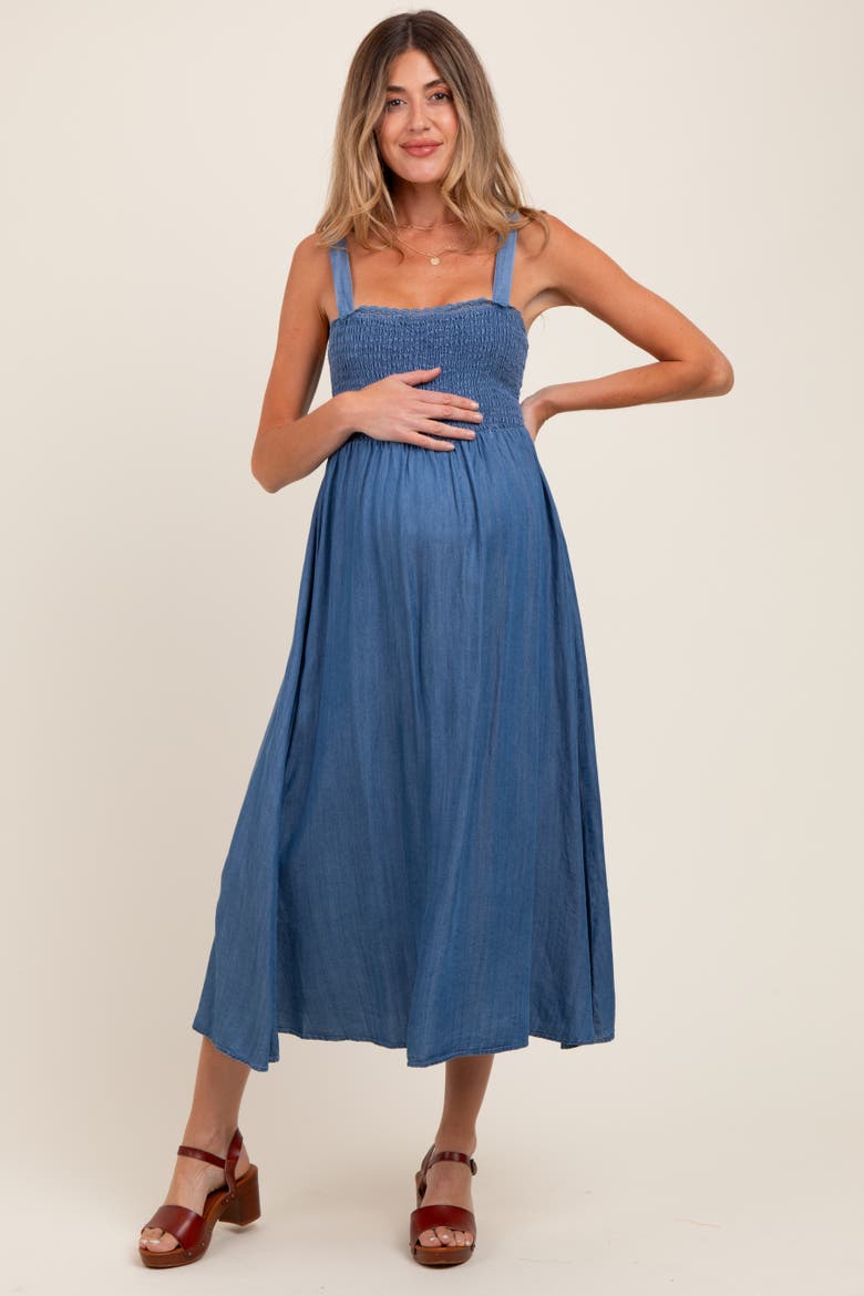 Smocked Chambray Tie Back Cutout Midi Dress, Alternate, color, Blue