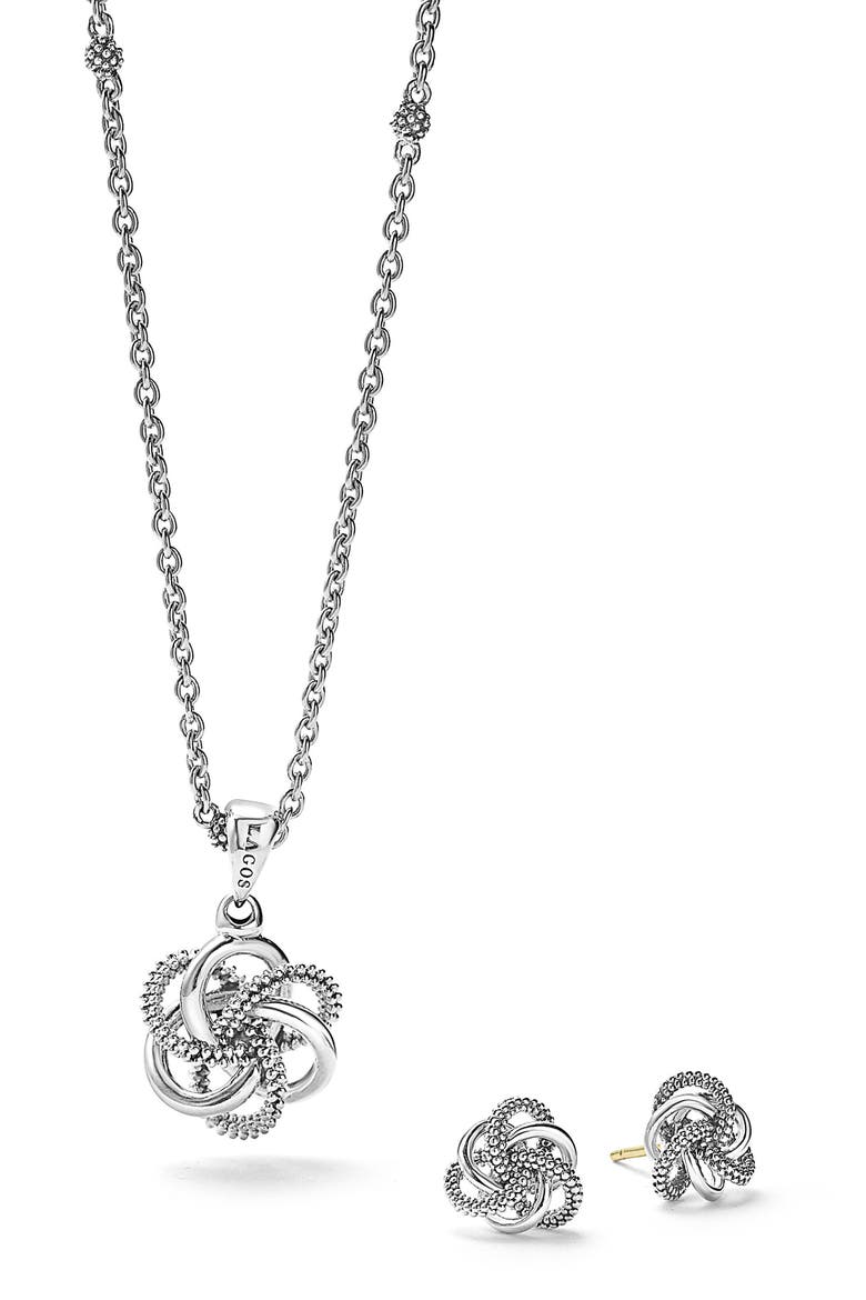 Love Knot Stud Earrings & Pendant Necklace Set, Main, color, SILVER