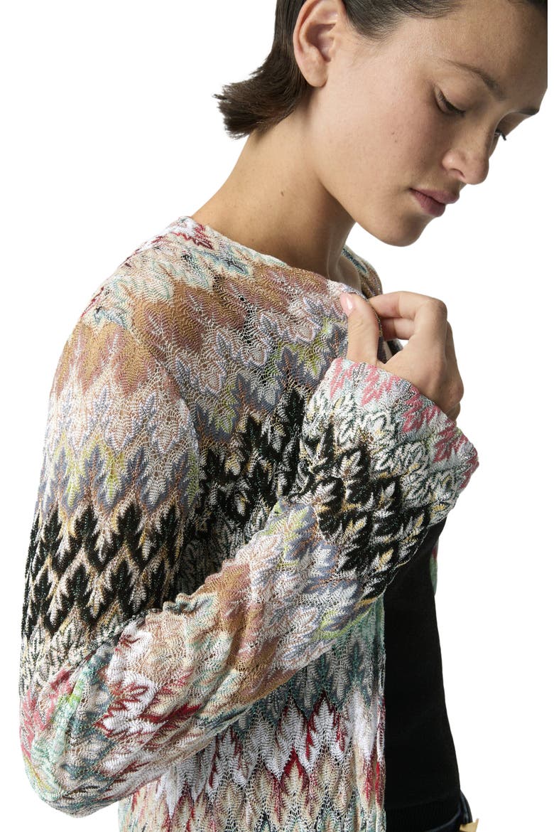 Long Cardigan In Cotton And Viscose Lamé With Lace Motif, Alternate, color, Multicoloured