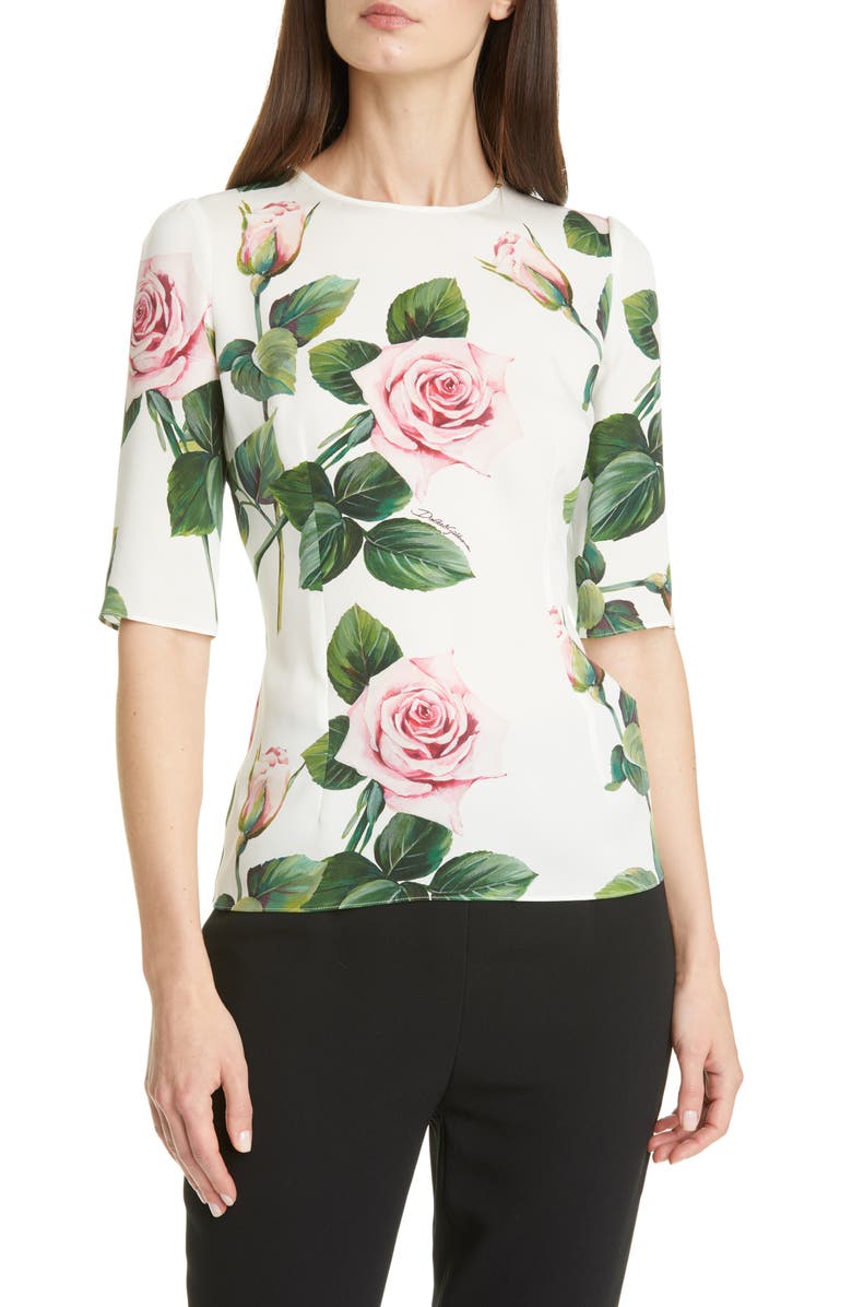 Dolce&Gabbana Rose Print Stretch Silk Charmeuse Top, Main, color, 