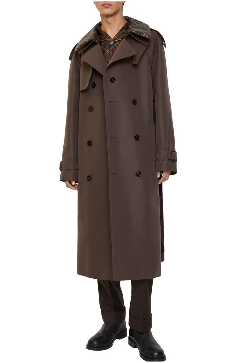 Long Check Collar Silk Cotton Trench Coat, Main, color, Shade brown