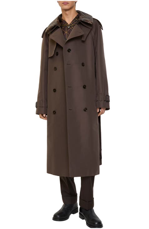 Long Check Collar Silk Cotton Trench Coat