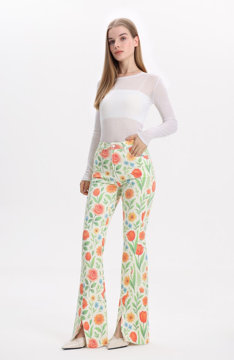 Bayeas Floral High Waist Slit Hem Flare Jeans, Alternate, color, Wild Bloom Whisper