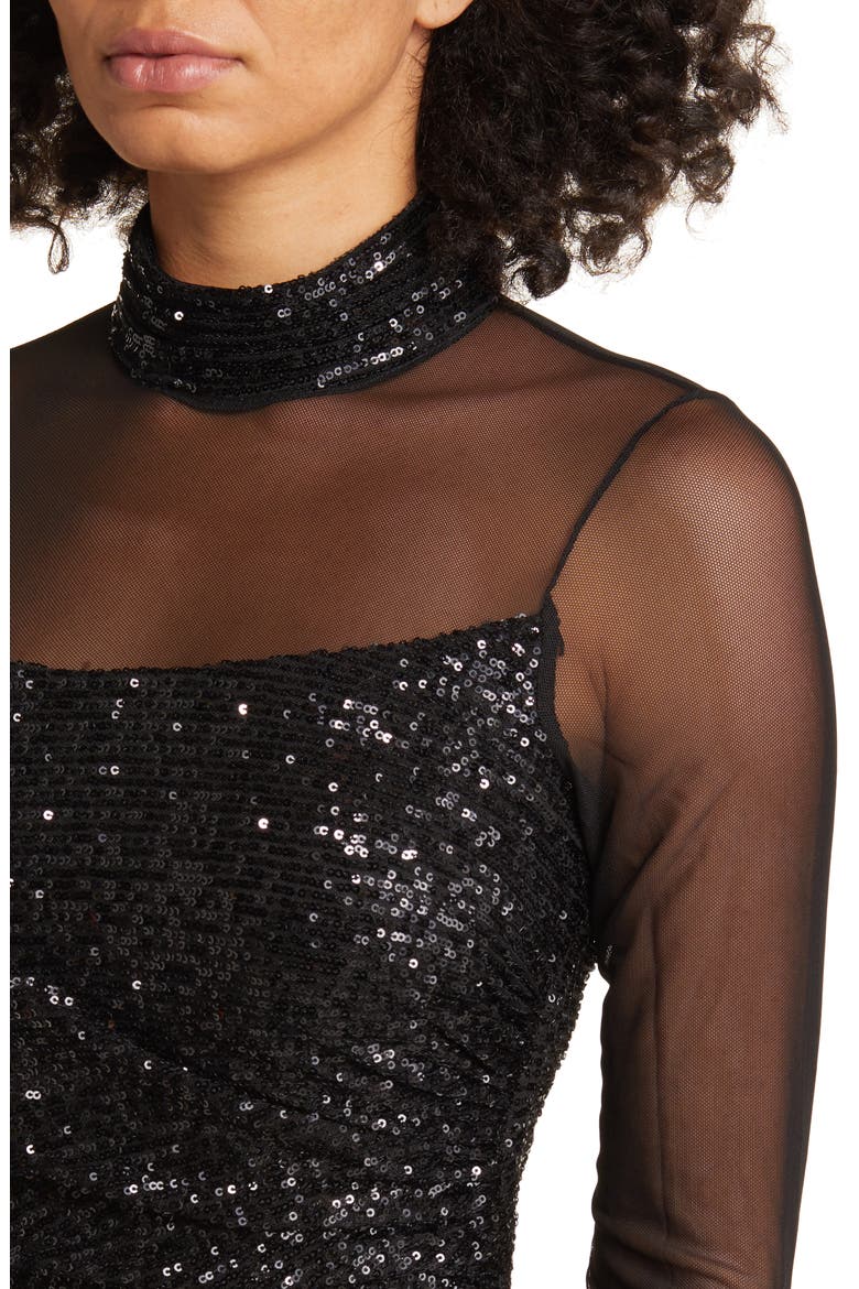 Sequin Mesh Lace Long Sleeve Gown, Alternate, color, BLACK
