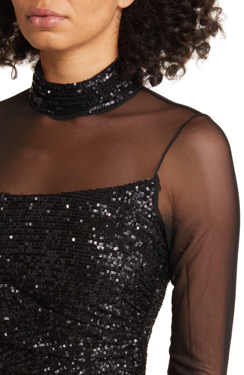 Eliza J Sequin Mesh Lace Long Sleeve Gown, Alternate, color, 