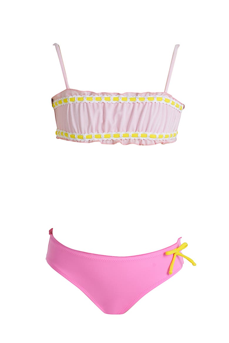 Boutique Ruffled Bandeau Ribbon Trim Two Piece Bikini, Main, color, Pink