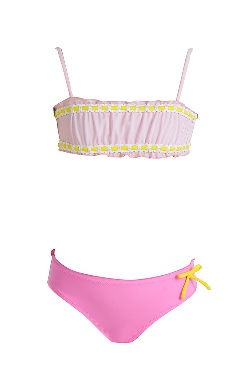 NESSI BYRD Boutique Ruffled Bandeau Ribbon Trim Two Piece Bikini, Main, color, Pink