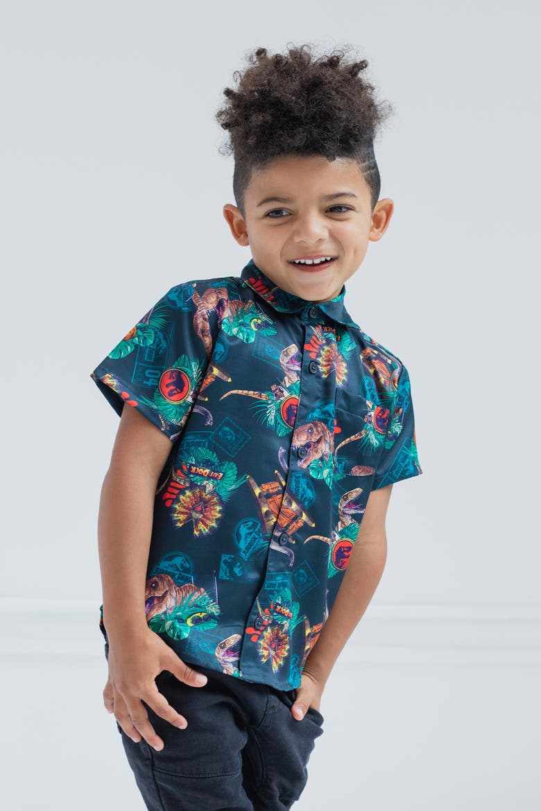 Jurassic Park T-Rex Hawaiian Short Sleeve Button Down Shirt, Alternate, color, Black Dino Tropical