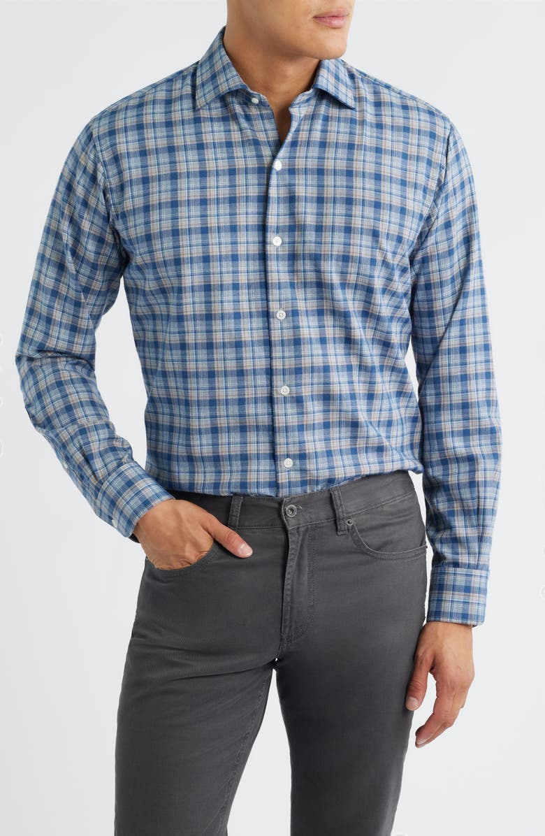 Peter Millar Whitecap Plaid Flannel Button-Up Shirt, Main, color, Blue Haze