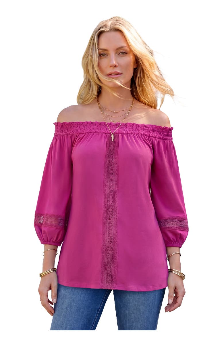 Plus Size Lace Off The Shoulder Blouson Sleeve Tunic, Main, color, RASPBERRY