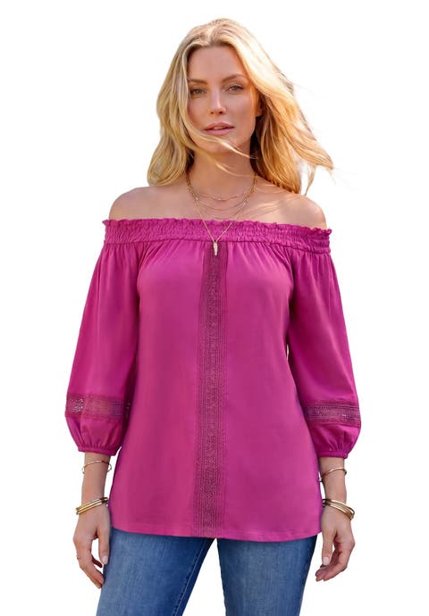 Plus Size Lace Off The Shoulder Blouson Sleeve Tunic