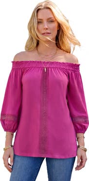 Roaman's Plus Size Lace Off The Shoulder Blouson Sleeve Tunic