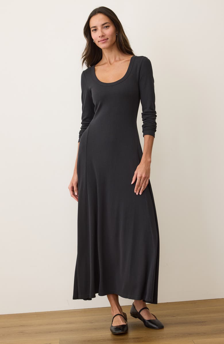 Marine Layer Lexi Long Sleeve Rib Fit & Flare Maxi Dress, Alternate, color, Black