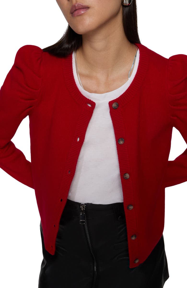 Rebecca Minkoff Janine Puff Shoulder Wool Cardigan, Main, color, Lipstick