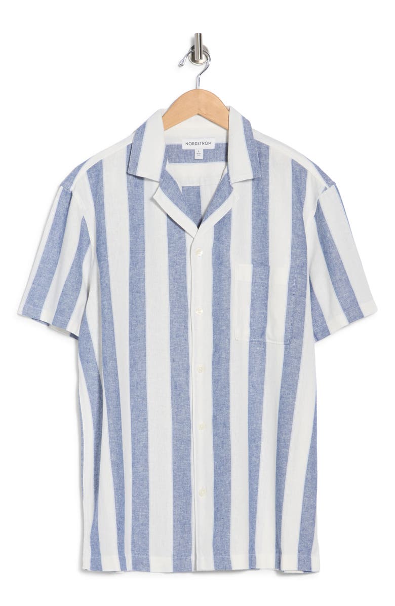 Nordstrom Linen Blend Camp Shirt, Alternate, color, Blue Bijou Cabana Stripe