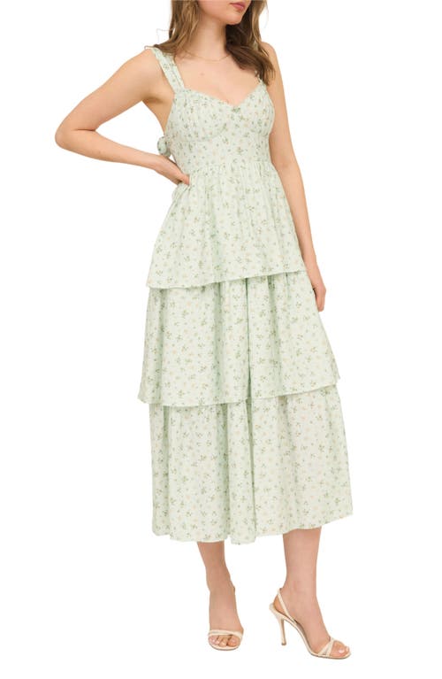 August Sky Tiered Tie Strap Sundress In Sage Multi