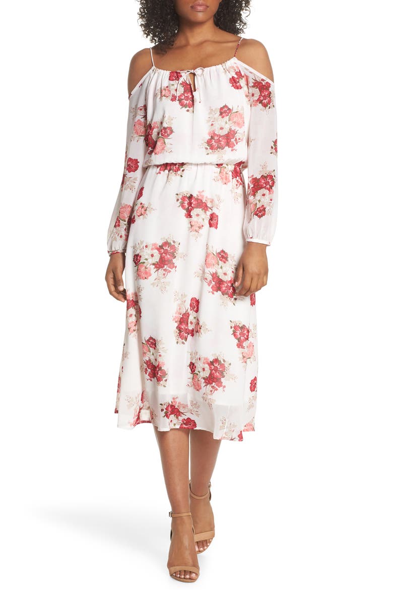 Cold Shoulder Midi Dress, Main, color, ROSEN WHITE