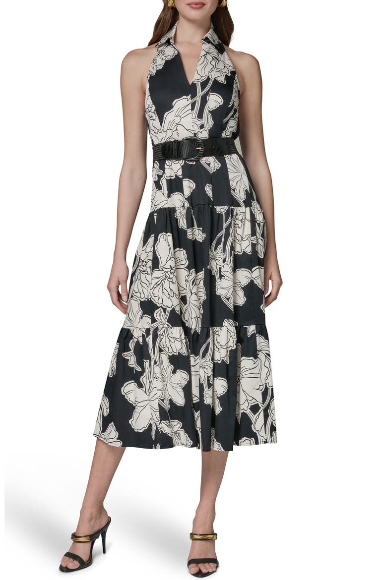 Floral Print Halter Midi Dress, Main, color, BLACK CREAM